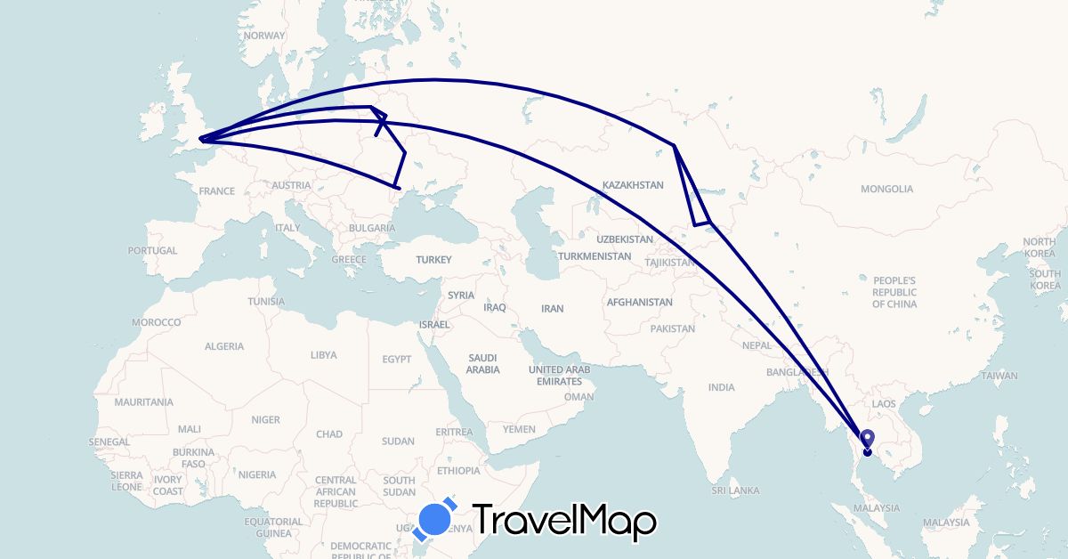 TravelMap itinerary: driving in Belarus, United Kingdom, Kyrgyzstan, Kazakhstan, Lithuania, Moldova, Thailand, Ukraine (Asia, Europe)