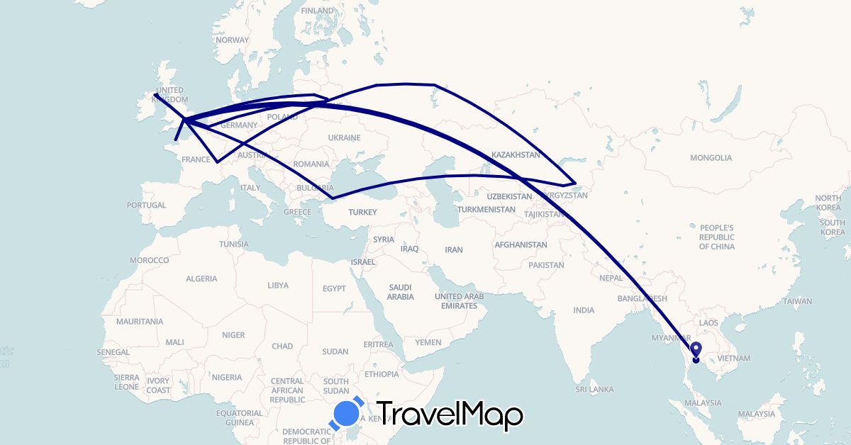 TravelMap itinerary: driving in Belgium, Belarus, Switzerland, United Kingdom, Jersey, Kyrgyzstan, Kazakhstan, Lithuania, Russia, Thailand, Turkey (Asia, Europe)