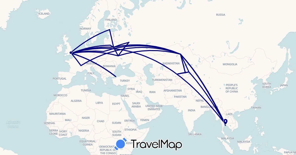 TravelMap itinerary: driving in Belarus, Switzerland, Finland, United Kingdom, Kyrgyzstan, Kazakhstan, Lithuania, Poland, Russia, Thailand, Turkey, Ukraine (Asia, Europe)